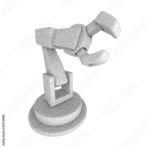 Robotic arm manufacture technology industry assembly mechanic hand. Dotwork Halftone Style Monochrome Gradient Vector Illustration.