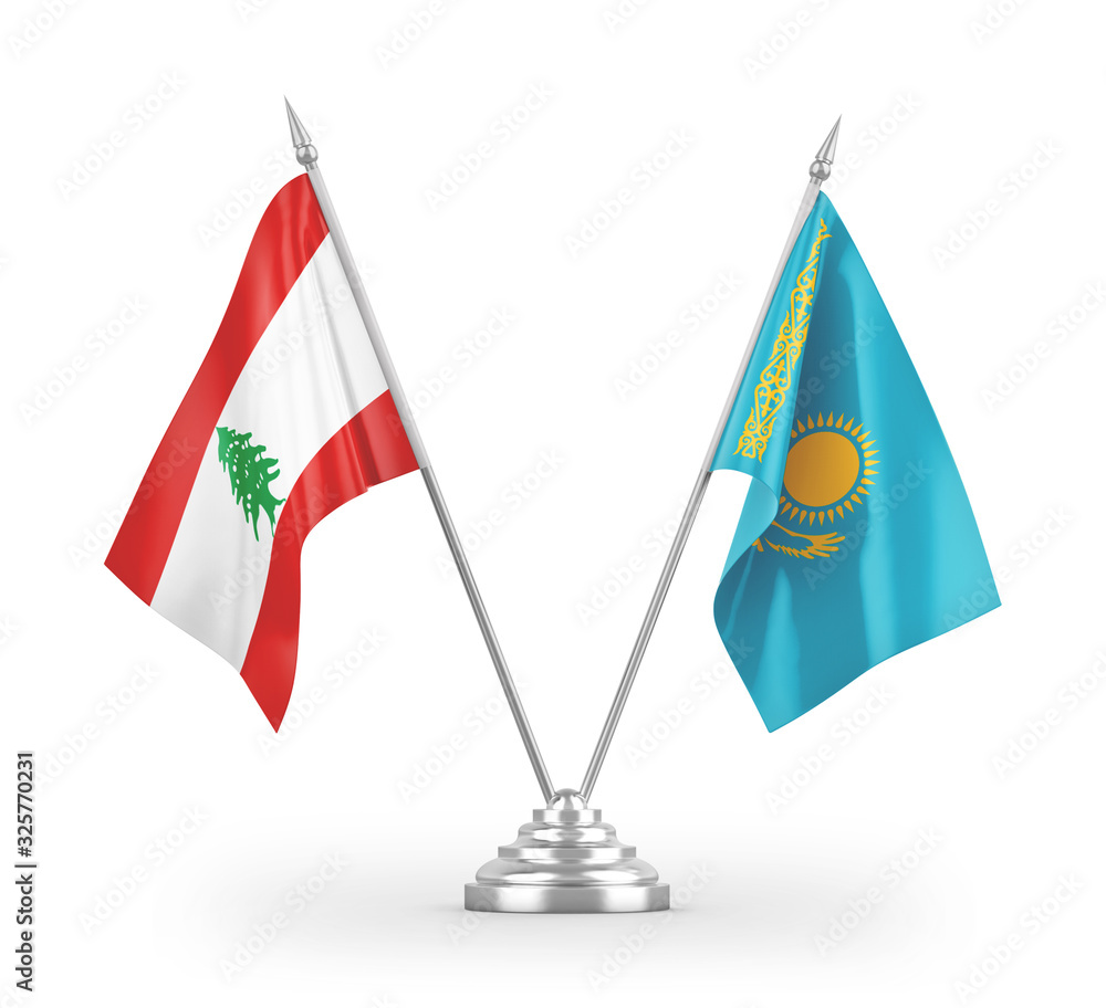 Kazakhstan and Lebanon table flags isolated on white 3D rendering Kazakhstan and Lebanon table flags isolated on white 3D rendering
