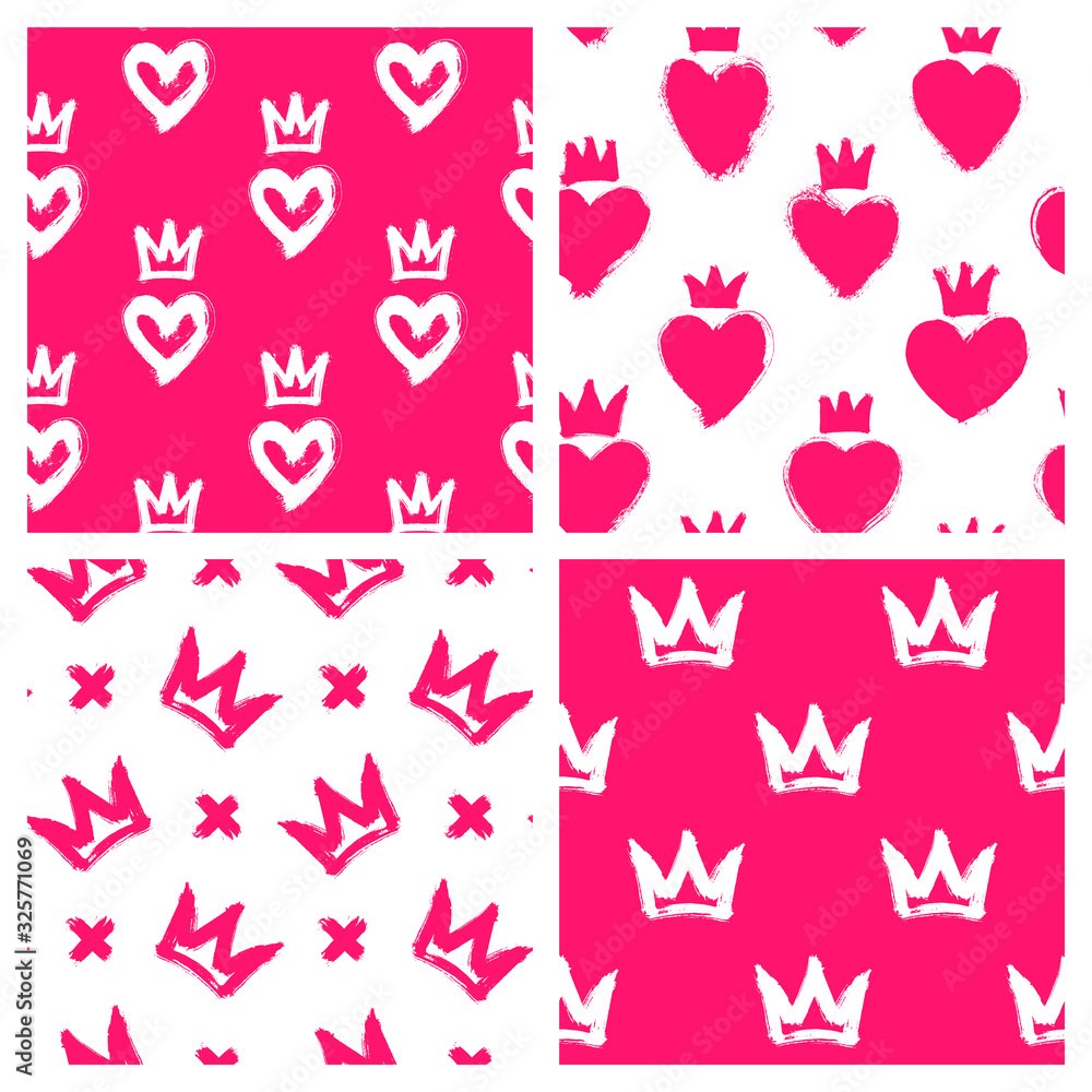 Set of romantic, Valentine's Day, bridal seamless patterns with hearts and crowns. Cute vector wallpapers for wrapping paper, invitation cards, linens, etc. White and red backgrounds.