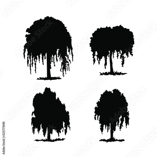 Set of weeping silhouette trees, freehand vector collection