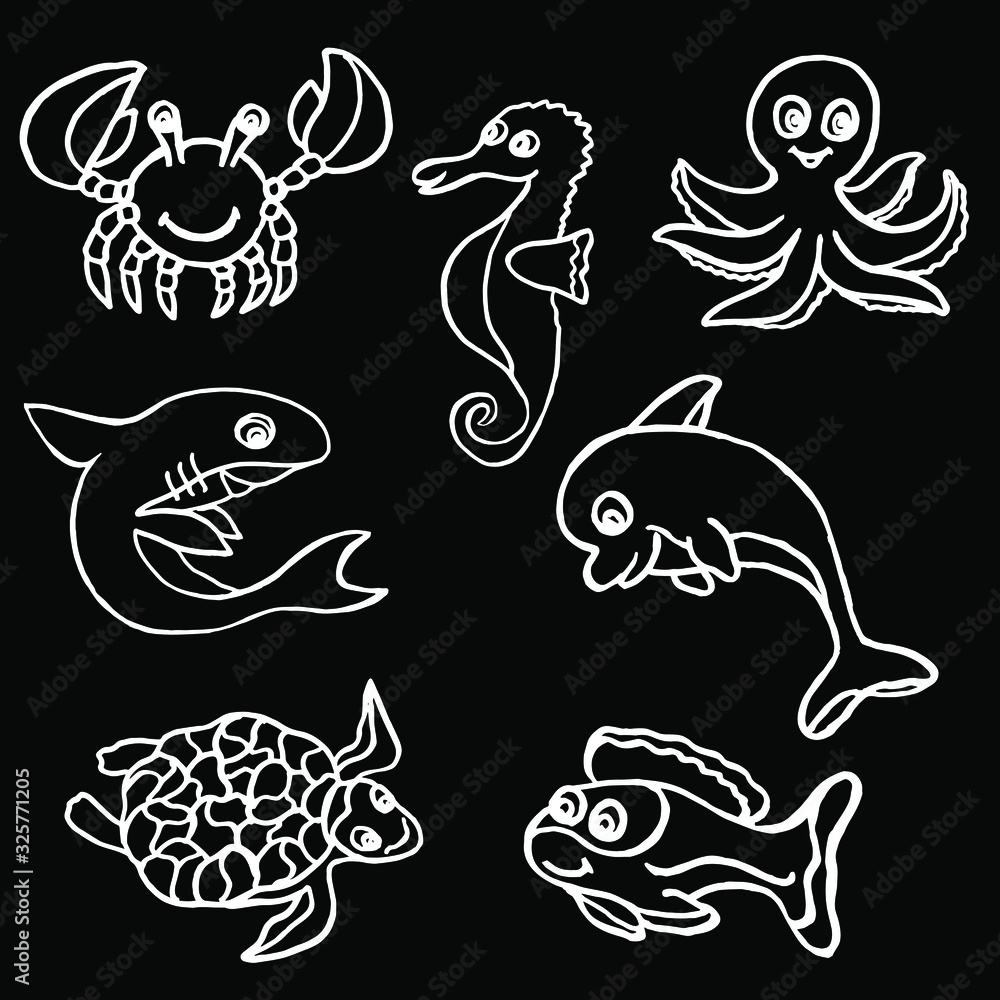 Vector illustration. Large set of inhabitants of the underwater world on a black background. Cover design, clothing print. Vector illustration. Large set of inhabitants of the underwater world on a black background. Cover design, clothing print.
