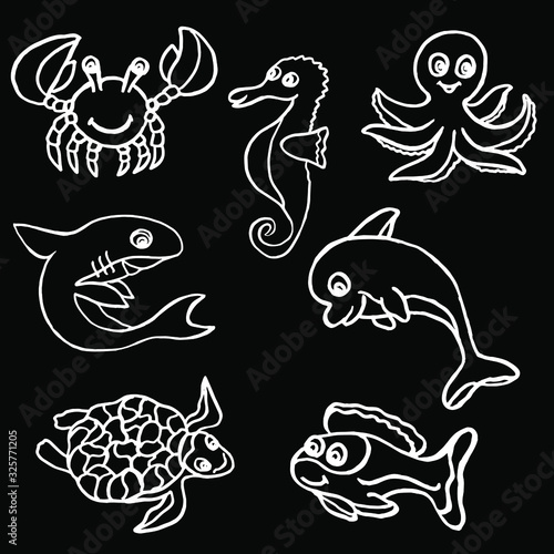 Vector illustration. Large set of inhabitants of the underwater world on a black background. Cover design  clothing print.