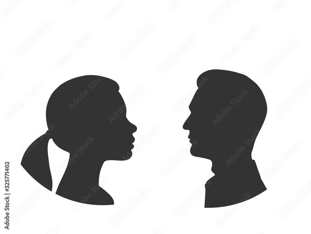 Silhouettes of man and woman face to face. Outlines of people in profile. Vector illustration