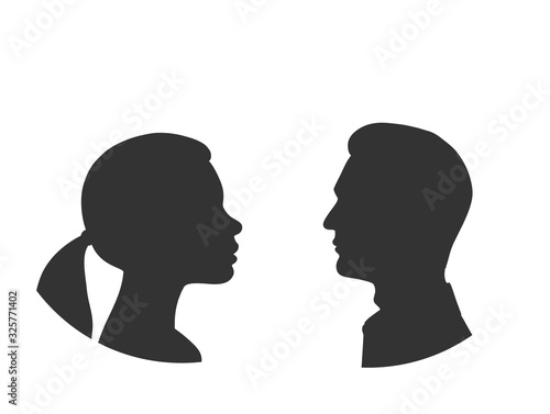 Silhouettes of man and woman face to face. Outlines of people in profile. Vector illustration