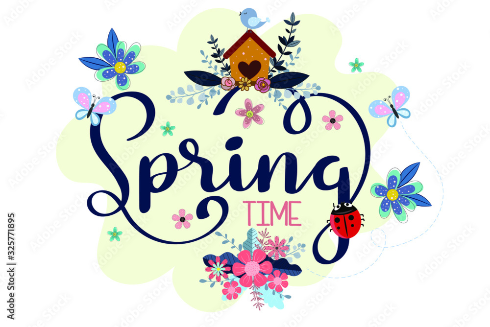 Hello spring with flowers. Spring time decoration with leaves. Illustration Spring