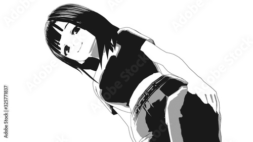 Anime Girl Comic Cartoon Character in T Shirt standing in front of a white background with a confident smile it's Anime Manga Girl in black and white
