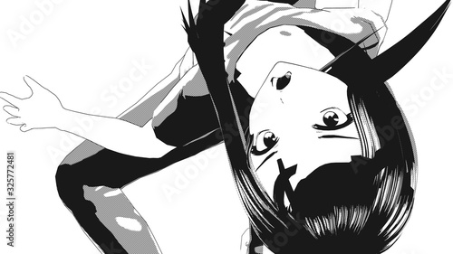 Anime Girl Comic Cartoon Character in T Shirt standing in front of a white background with a confident smile it's Anime Manga Girl in black and white