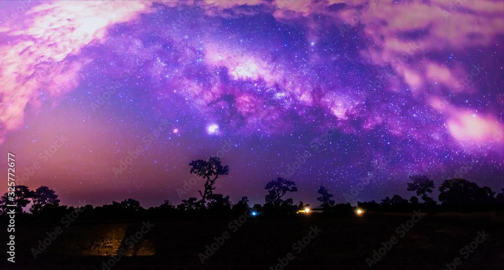 Amazing Blue dark night sky with many stars above field of trees. Milkyway cosmos background.Universe filled nebula and galaxy with noise and grain.Photo by long exposure and select white balance.