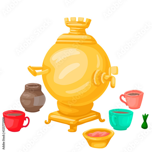 Russian samovar with cups of tea. Vector illustration