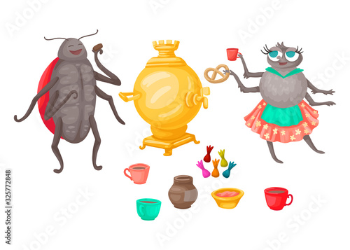 Ladybug and fly drinking tea with pancakes. Vector illustration