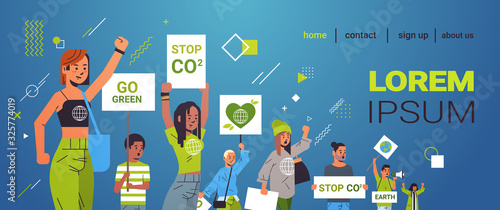 environmental activists holding posters go green save planet strike concept mix race protesters campaigning to protect earth demonstrating against global warming portrait copy space horizontal vector