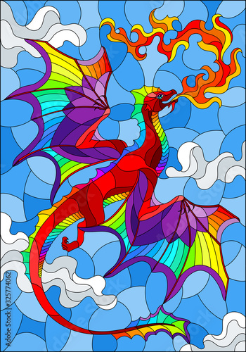 Illustration in stained glass style with bright dragon with flames against the sky and clouds background