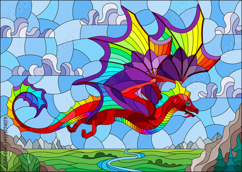 Illustration in stained glass style with bright dragon on landscape and blue sky background