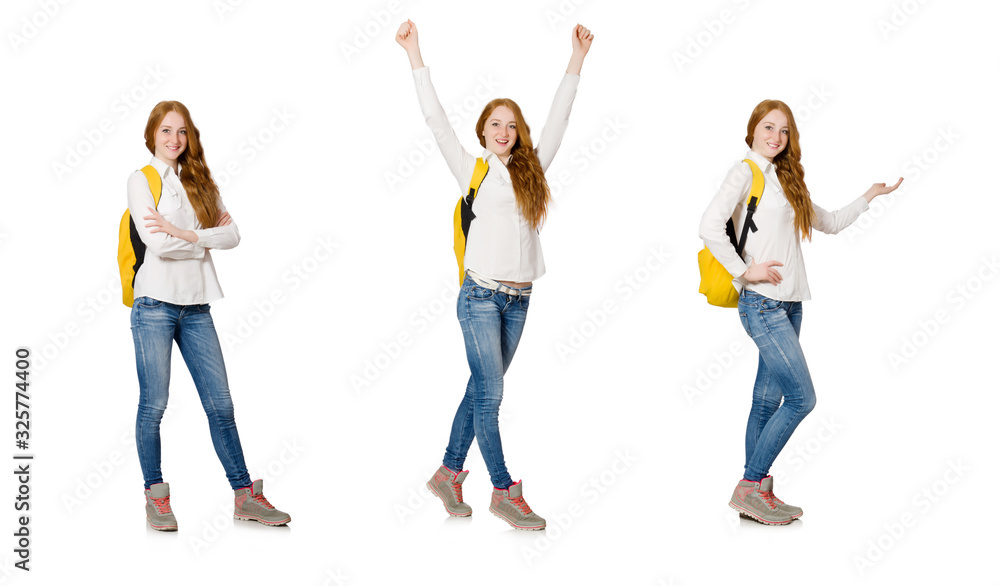 Woman with backpack isolated on white Woman with backpack isolated on white