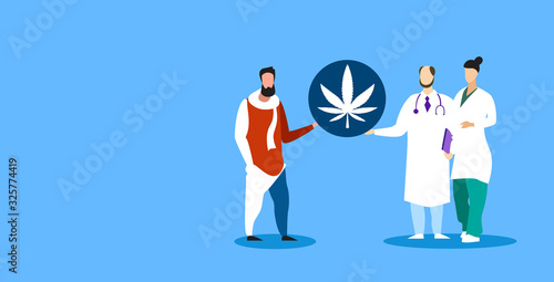 doctors offering medical marijuana to man patient cannabis recipe for personal use legal drug consumption medicine concept horizontal full length vector illustration