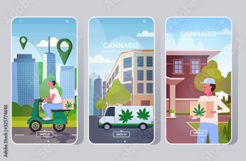 set couriers riding scooter truck van and carrying cardboard box medical marijuana cannabis delivery service drug consumption concept smartphone screens collection mobile app horizontal vector