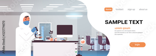 male chemist using microscope coronavirus biological sample for analysis in laboratory epidemic MERS-CoV wuhan 2019-nCoV pandemic medical health risk copy space portrait horizontal vector illustration