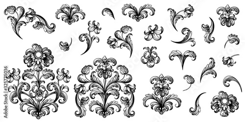 Vintage Baroque Victorian frame border flower pattern vector floral engraved scroll ornament leaf retro decorative design tattoo black and white filigree calligraphic heraldic shield swirl