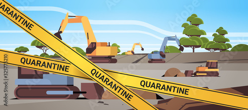 epidemic MERS-CoV quarantine caution on yellow warning tape opencast quarry with bulldozers coronavirus infection wuhan 2019-nCoV pandemic health risk concept horizontal vector illustration