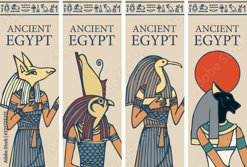 Set of vector posters or flyers for travel agency with Egyptian hieroglyphs and inscription Ancient Egypt. Advertising banners with Egyptian gods - Horus, Thoth, Anubis, goddess Bastet.