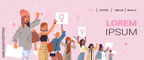 mix race activists protesting holding placards with female gender sign feminist demonstration girl power movement rights protection women empowerment concept portrait horizontal copy space vector