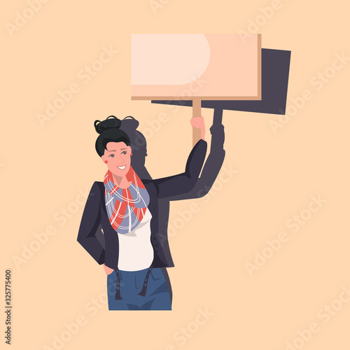 woman protester holding blank protest poster girl with vote placard demonstration speech political freedom concept portrait vector illustration