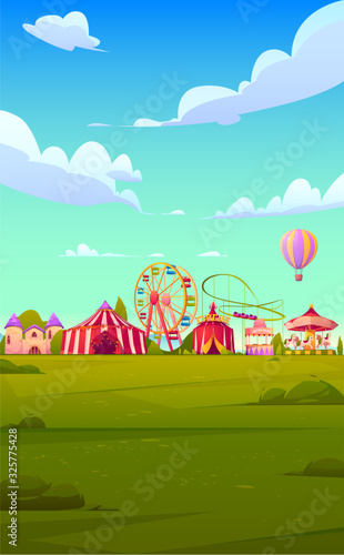 Smartphone background theme with carnival funfair. Vector template for mobile phone screen saver with circus and amusement park with roller coaster, balloon and ferris wheel