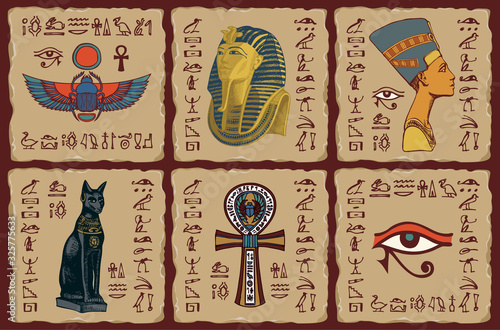 The Egyptian symbols and talismans. Set of vector banners in form of ceramic tiles with hieroglyphs and images on the theme of Ancient Egypt. Advertising posters or flyers for travel Agencies