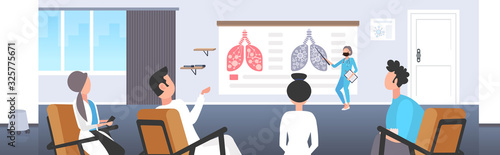 doctor showing injured lungs with coronavirus symptoms on medical board presentation for medical workers in conference room epidemic MERS-CoV virus wuhan 2019-nCoV horizontal vector illustration