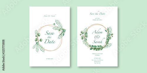 Floral wedding invitation card watercolor template design with beautiful floral and greenery leaves template © Salman