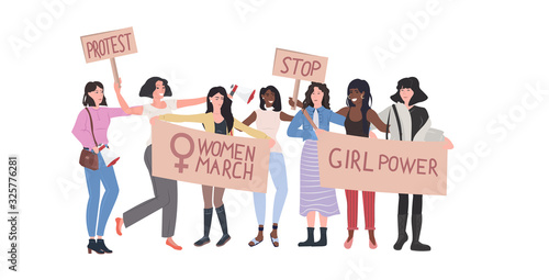 mix race activists protesting holding placards with female gender sign feminist demonstration girl power movement rights protection women empowerment concept full length horizontal vector illustration