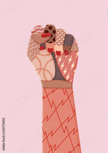Feminist protest art print. Female raised fist illustration. Vector clenched hand, symbol of gender equality and women’s rights activism.