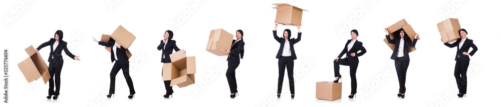 Woman with lots of boxes on white Woman with lots of boxes on white
