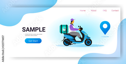 courier man riding scooter medical marijuana cannabis delivery service drug consumption concept horizontal full length copy space vector illustration