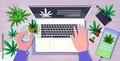 human hands using laptop medical cannabis leaves drugs consumption marijuana products at workplace desk top angle view horizontal vector illustration