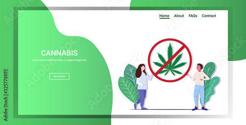 man woman couple holding ban drug sign cannabis prohibition icon stop drugs consumption concept full length horizontal copy space vector illustration