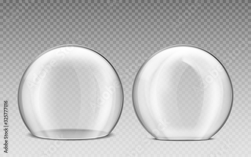 Glass dome, transparent plastic sphere. Vector realistic mockup of empty protection cover, clear acrylic bell jar. Exhibition display case isolated on transparent background