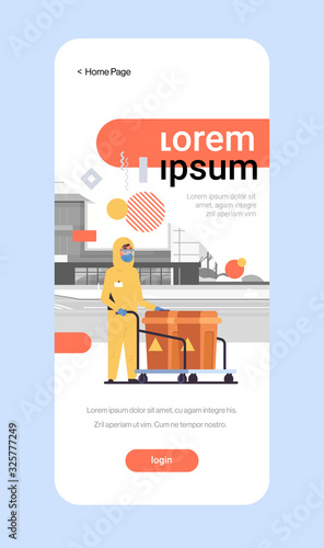 scientist in hazmat suit pushing barrels with caution sign on trolley cart cleaning disinfecting coronavirus cells epidemic MERS-CoV virus wuhan 2019-nCoV smartphone screen mobile app copy space