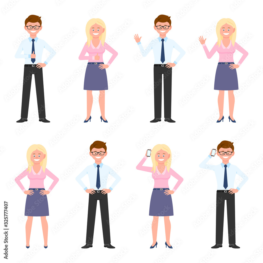 Happy, smiling, adult eyeglasses office guy and blonde lady vector illustration. Waving, thumbs up, saying hello, talking on phone boy and girl cartoon character set on white
