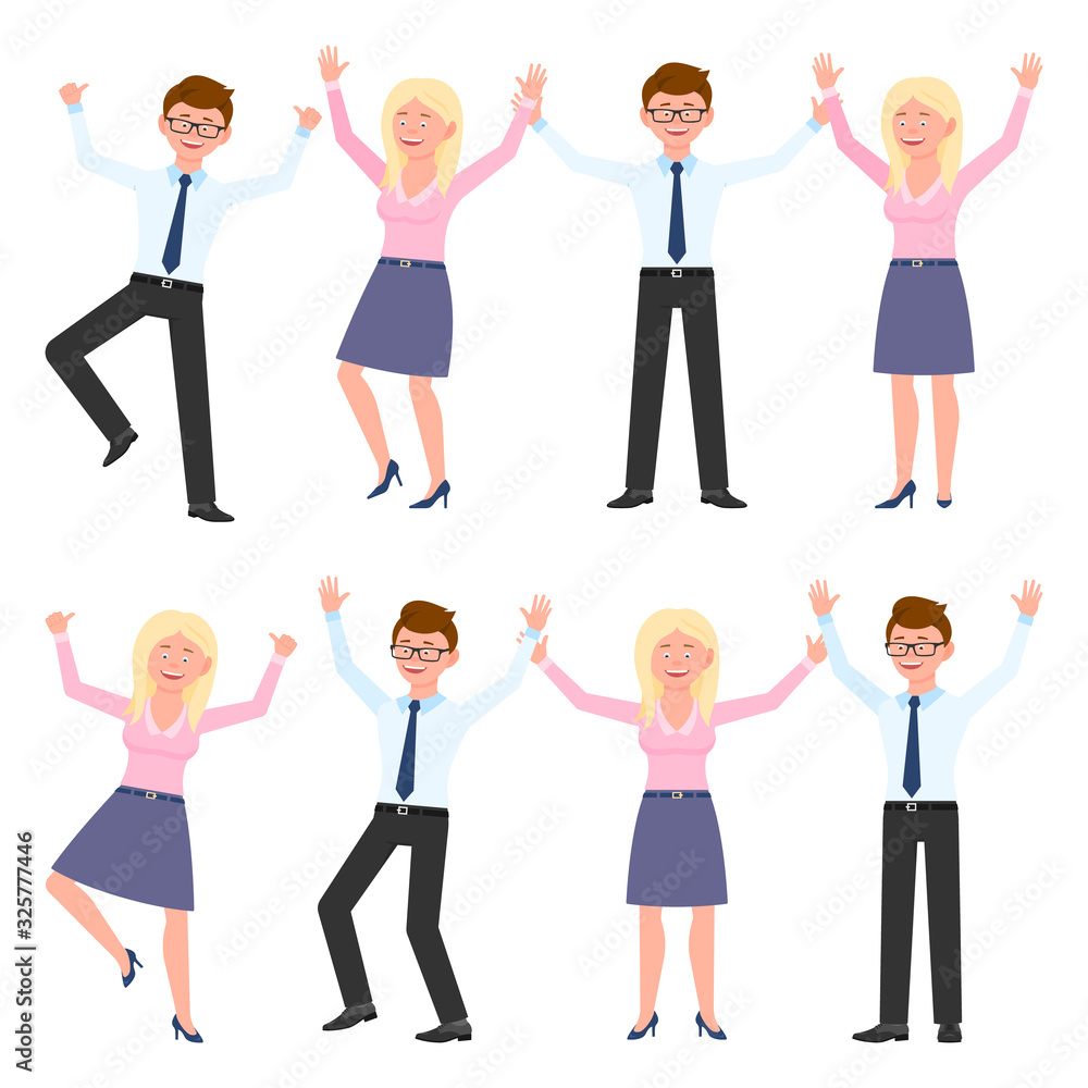 Happy, smiling, jumping young man and woman vector illustration. Hopping, hands up, having fun glasses boy and blonde girl cartoon character set on white
