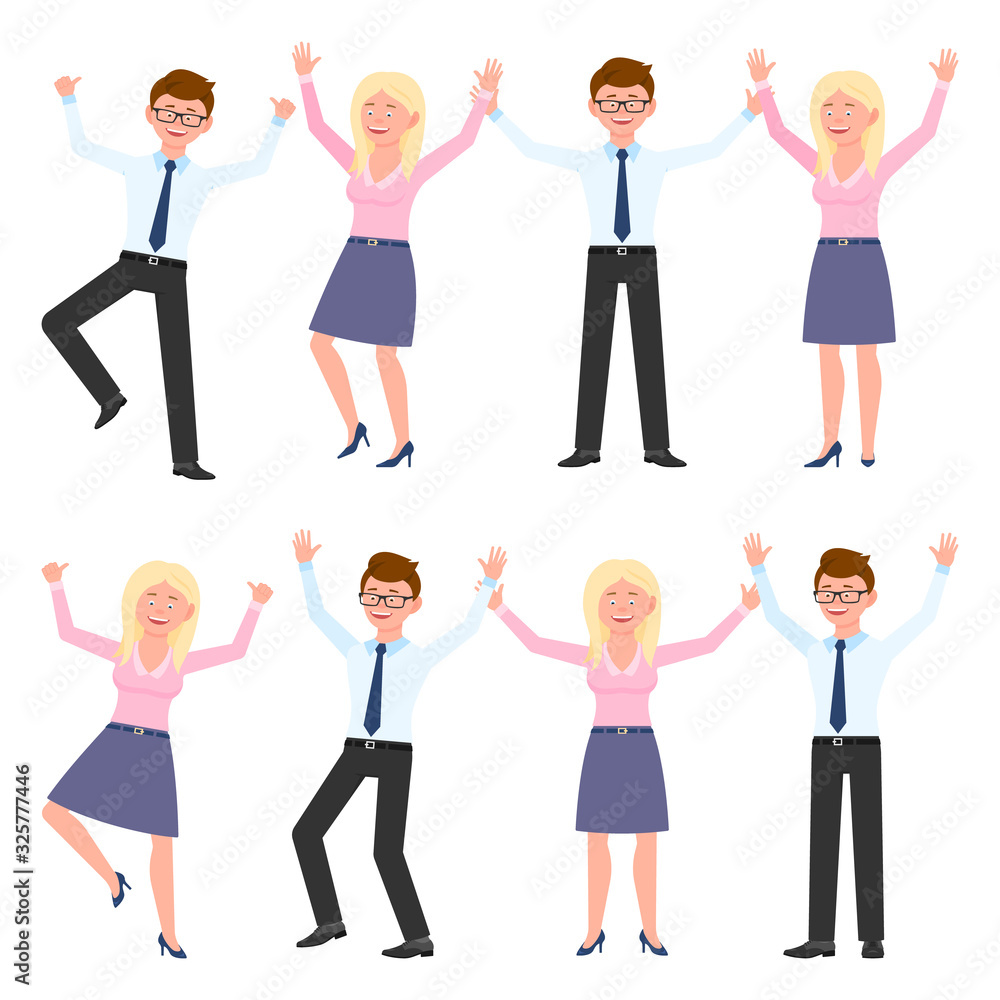 Happy, smiling, jumping young man and woman vector illustration. Hopping, hands up, having fun glasses boy and blonde girl cartoon character set on white Happy, smiling, jumping young man and woman vector illustration. Hopping, hands up, having fun glasses boy and blonde girl cartoon character set on white