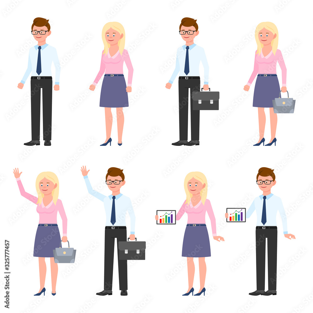 Fototapeta premium Smiling, elegant, young business man and woman vector illustration. Standing side view, waving hello, using tablet glasses office boy and blonde girl cartoon character set on white