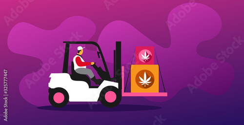 forklift driver carrying cardboard boxes with cannabis leaf medical marijuana warehouse commercial business hemp delivery concept horizontal vector illustration