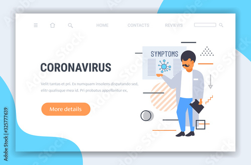 doctor pointing at medical board with coronavirus symptoms epidemic MERS-CoV virus wuhan 2019-nCoV horizontal full length copy space vector illustration