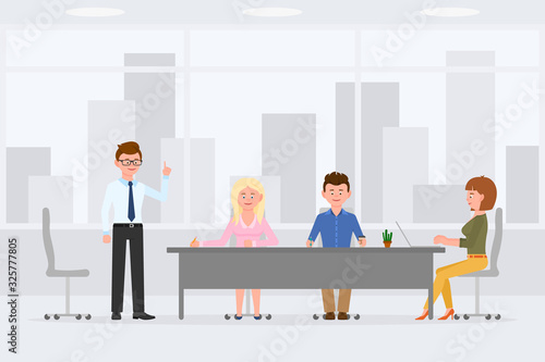 Business colleagues meeting at office, talking, discussing, sitting at table, hand writing, typing vector illustration. Busy men and women at workplace cartoon character design on cityscape background