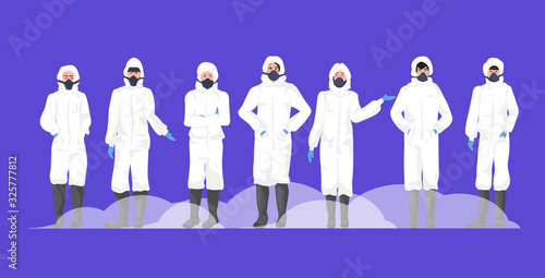 people group in hazmat suits and protection masks to prevent epidemic MERS-CoV wuhan coronavirus 2019-nCoV pandemic medical health risk full length horizontal vector illustration