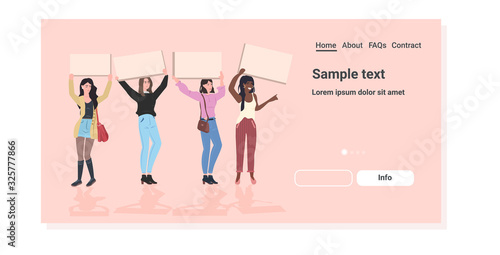 mix race activists protesting holding blank placards feminist demonstration girl power movement rights protection women empowerment concept full length horizontal copy space vector illustration