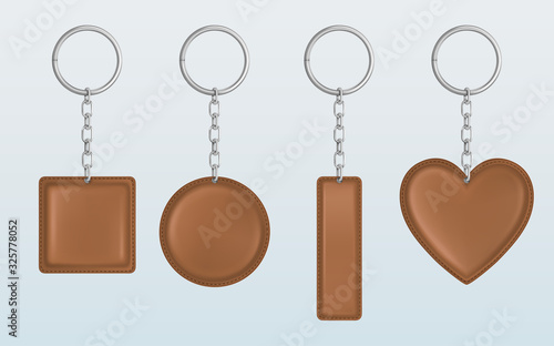 Leather keychain, holder trinket for key with metal chain and ring. Vector realistic template of brown fob for car, home or office isolated on white background. Blank accessory for corporate identity