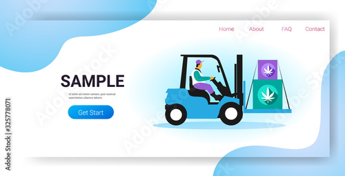 forklift driver carrying cardboard boxes with cannabis leaf medical marijuana warehouse commercial business hemp delivery concept horizontal copy space vector illustration