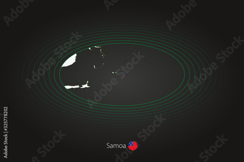 Samoa map in dark color, oval map with neighboring countries.